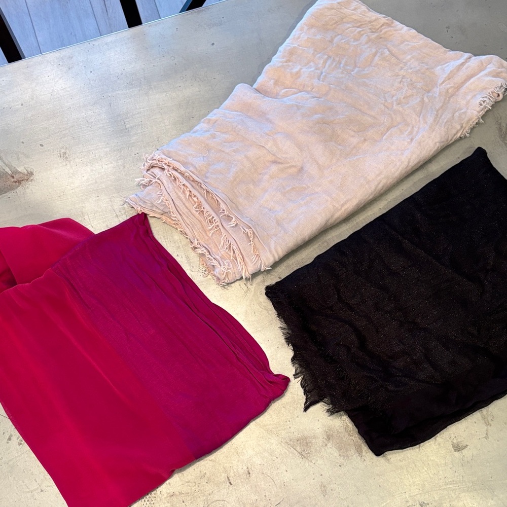 Source Unknown Vibrant Pink, Classic Black, and Soft Cream Scarves